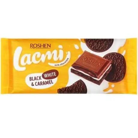 Csokoládé tejes töltelékkel, karamell és kakaós keksz Roshen 100g